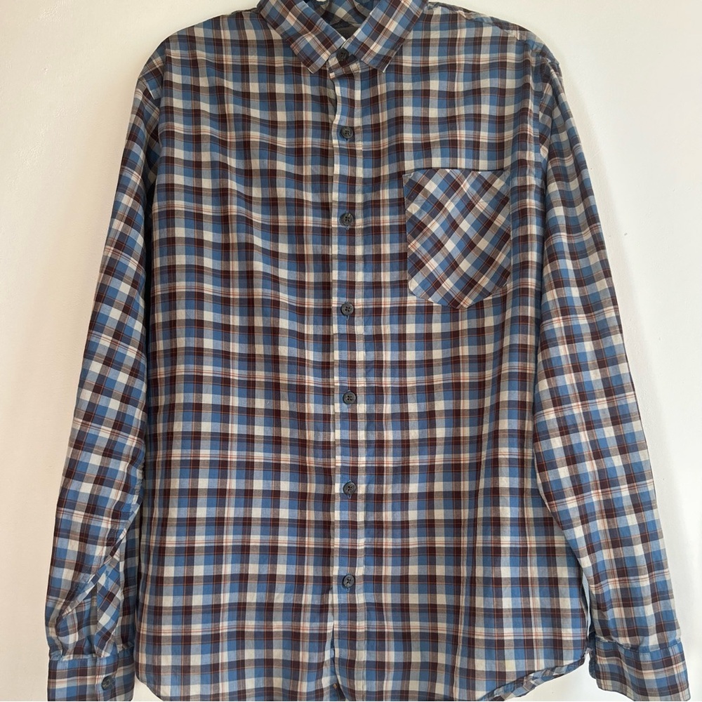 REI Men's Blue and Brown Plaid Shirt